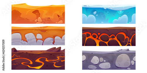 Seamless textures of soil and ground for game land layer. Landscape underground sections of stone, ice, sand and soil with lava, vector cartoon set isolated on white background