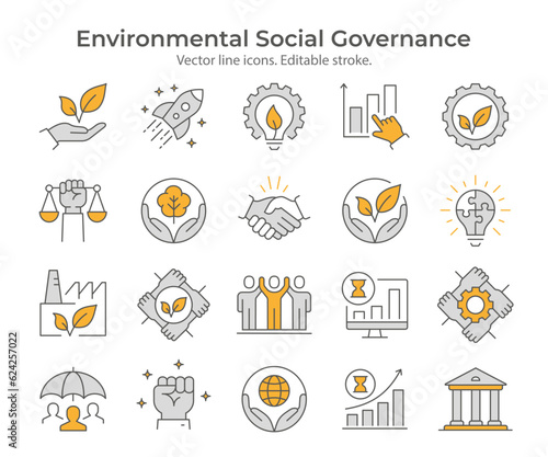 ESG flat icons, such as environment social governance, economy, financial performance, sustainable developmen and more. Editable stroke.