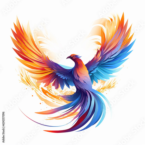 Orange, blue, purple phoenix majestic bird in the sky, flying away from fire, with long spiral tail in fire sunlight, in motion, vector logo style, polygonal with Generative AI technology.