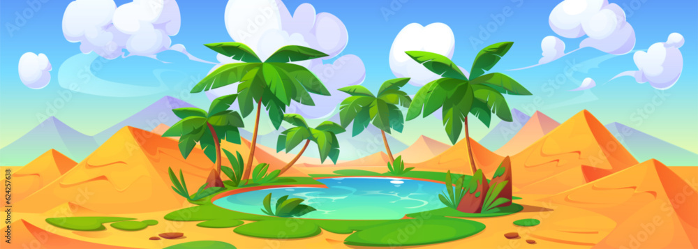 Small lake and palm trees in middle of sandy desert. Vector cartoon illustration of natural oasis with fresh water, green grass on banks, tropical landscape with dunes under blue sunny sky and clouds