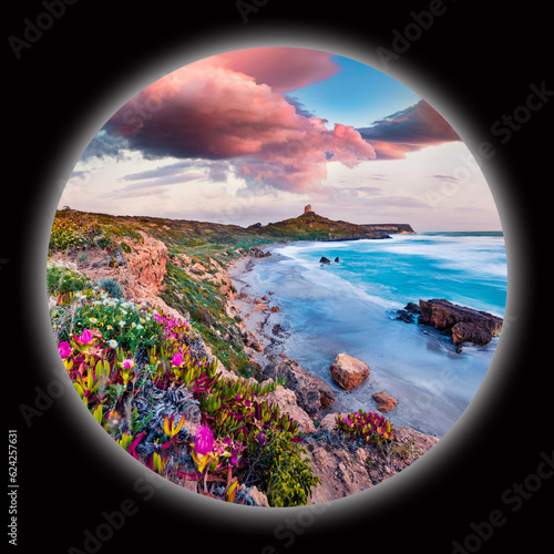 Picture in a circle on black background. Spherical image of Capo San Marco Lighthouse on Del Sinis peninsula, Sardinia, Italy. Stunning seascape of Mediterranean sea. View through the spyglass.. photo