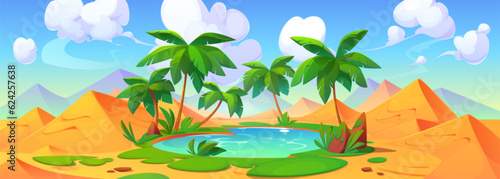 Small lake and palm trees in middle of sandy desert. Vector cartoon illustration of natural oasis with fresh water, green grass on banks, tropical landscape with dunes under blue sunny sky and clouds