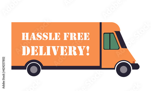 Van with the inscription hassle free delivery. Moving, transportation, car, truck, courier, mail. SSTK bold. Vector line icon for Business