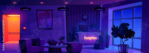 Night hotel reception vector office room interior background illustration. Welcome desk, open elevator, luxury furniture and window in tourism business hallway. Indoor hospitality lounge design
