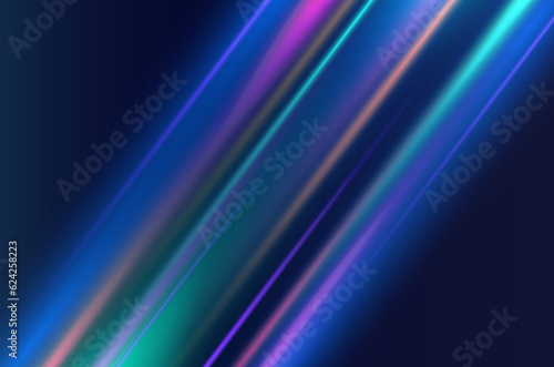 Abstract futuristic banner. Colorful neon lights effect. Glowing oblique stripes on purple and blue background.