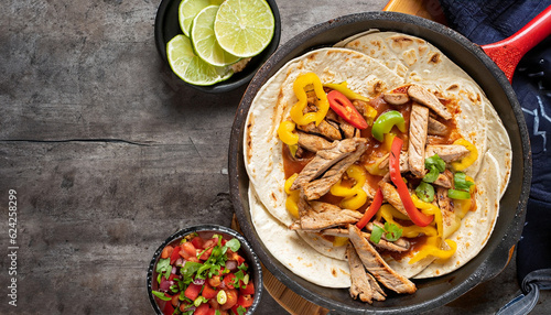 Photos top down photo of mexican steak and chicken fajitas in iron skillet with corn to