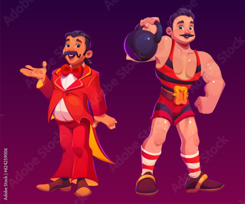 Vector carnival circus cartoon performer and strongman character set. Strongman with weight and muscle. Funny person with vintage mustache and red cirque costume. Happy amusement muscular guy icon