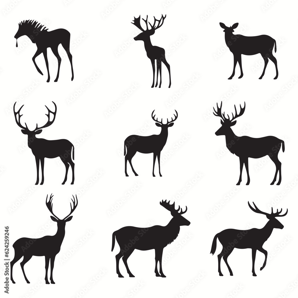 Fototapeta premium Moose silhouettes and icons. black flat color simple elegant squirrel monkey animal vector and illustration.