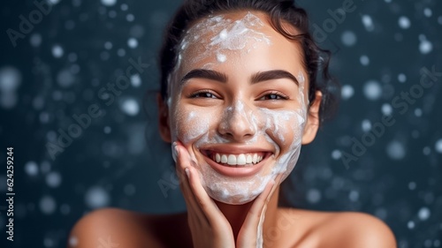 Woman washing face with facial soap photo