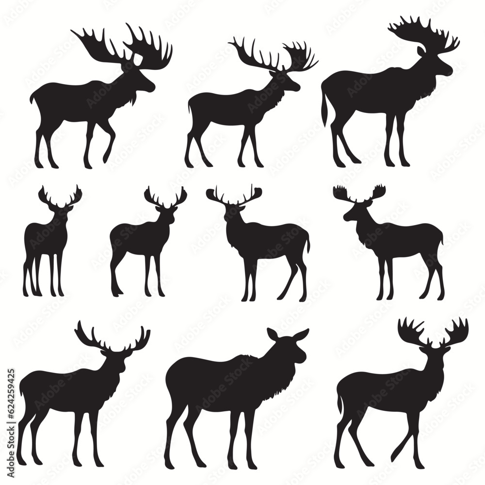 Moose silhouettes and icons. black flat color simple elegant squirrel monkey animal vector and illustration. Moose silhouettes and icons. black flat color simple elegant squirrel monkey animal vector and illustration.