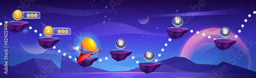 Space game progress map on night sky background. Vector cartoon illustration of aircraft traveling between floating islands to raise bonus points, golden stars and lock icons on arcade stone platforms