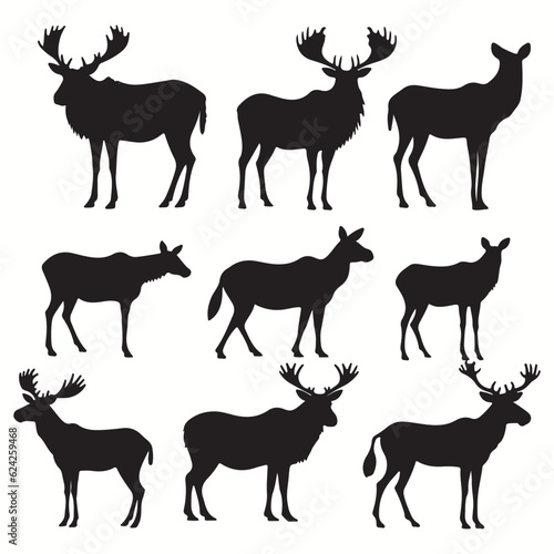 Moose silhouettes and icons. black flat color simple elegant squirrel monkey animal vector and illustration.