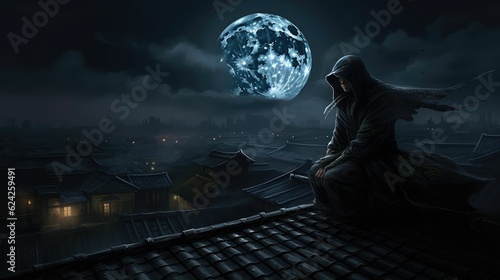 A samurai or ninja standing on stairway in night forest with the moon on background