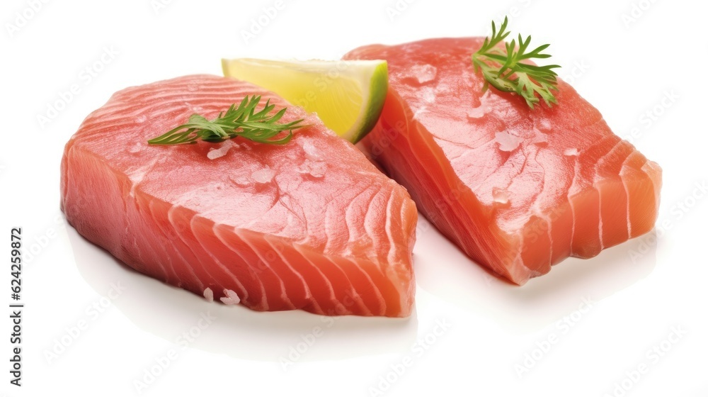 Fresh tuna fish fillet steaks garnished with parsley isolated on white background. Generative Ai Fresh tuna fish fillet steaks garnished with parsley isolated on white background. Generative Ai