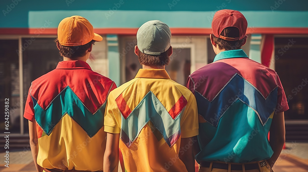 Fototapeta premium Stylish Teens Rocking Eye-Catching Retro Attire with Distinctive Colors and Vintage Shirts