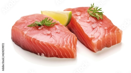 Fresh tuna fish fillet steaks garnished with parsley isolated on white background. Generative Ai