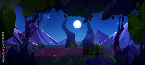 Night forest landscape with swamp. Vector cartoon illustration of spooky natural background, mountain valley with wetland between old trees and bushes, stones on ground, full moon glowing in dark sky