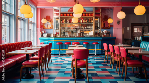 A Brightly Colored Cafe with Signature Retro Flair and Complementary Accents