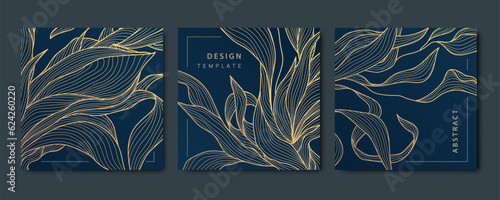 Vector set of abstract luxury golden square cards, wave post templates for social net, leaves botanical modern, art deco wallpaper background. Line floral patterns in japanese style.