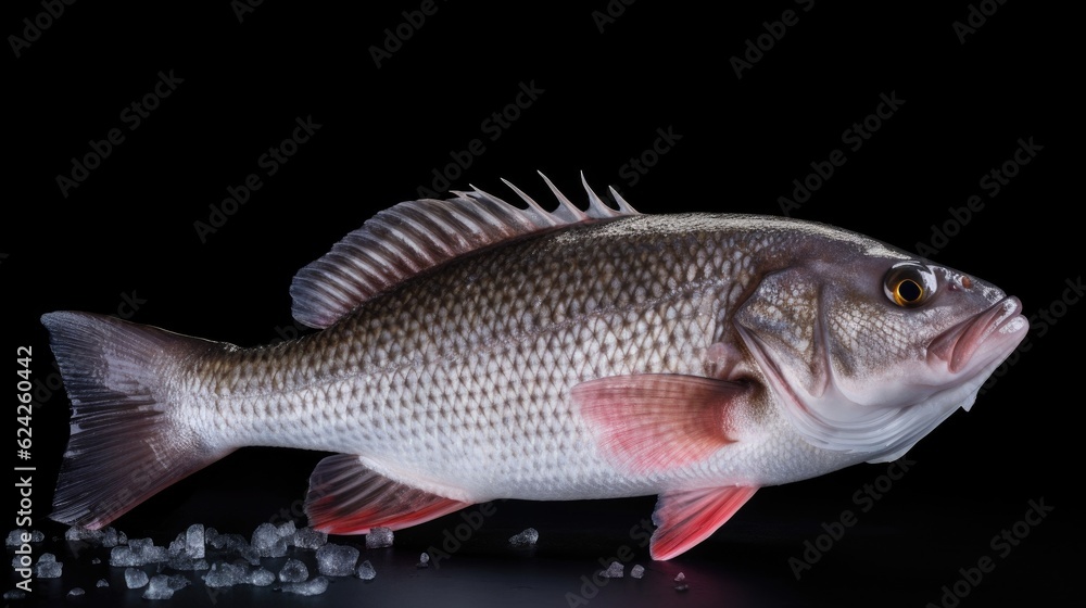 A fresh sea bass fish on ice. Sea bass fish. Generative Ai