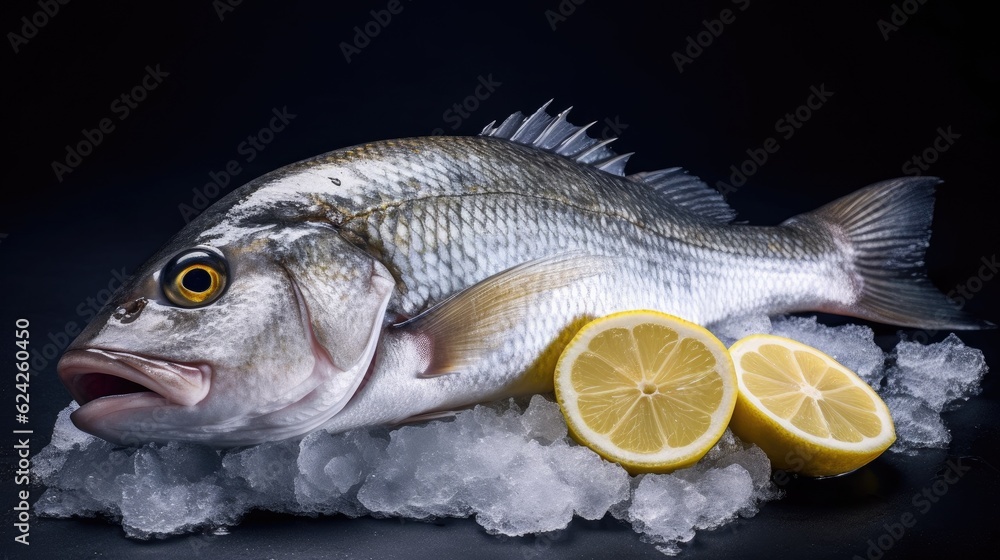 Fresh sea bass fish with lemon on ice. Sea bass fish. Generative Ai
