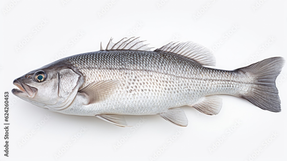 A fresh sea bass fish isolated on white background. Sea bass fish. Generative Ai A fresh sea bass fish isolated on white background. Sea bass fish. Generative Ai