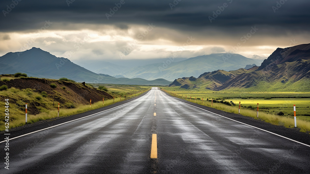 A Lonely Path Leading to the Horizon Amidst Moody Storm Clouds Over Mountains A Lonely Path Leading to the Horizon Amidst Moody Storm Clouds Over Mountains