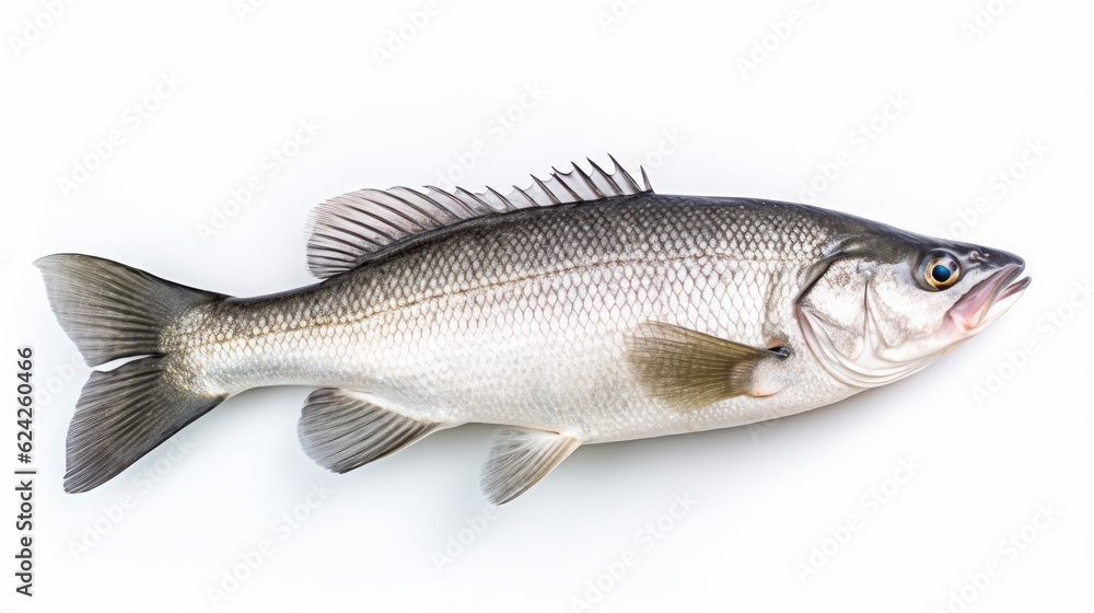 A fresh sea bass fish isolated on white background. Sea bass fish. Generative Ai