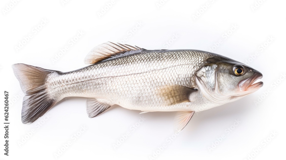 A fresh sea bass fish isolated on white background. Sea bass fish. Generative Ai A fresh sea bass fish isolated on white background. Sea bass fish. Generative Ai