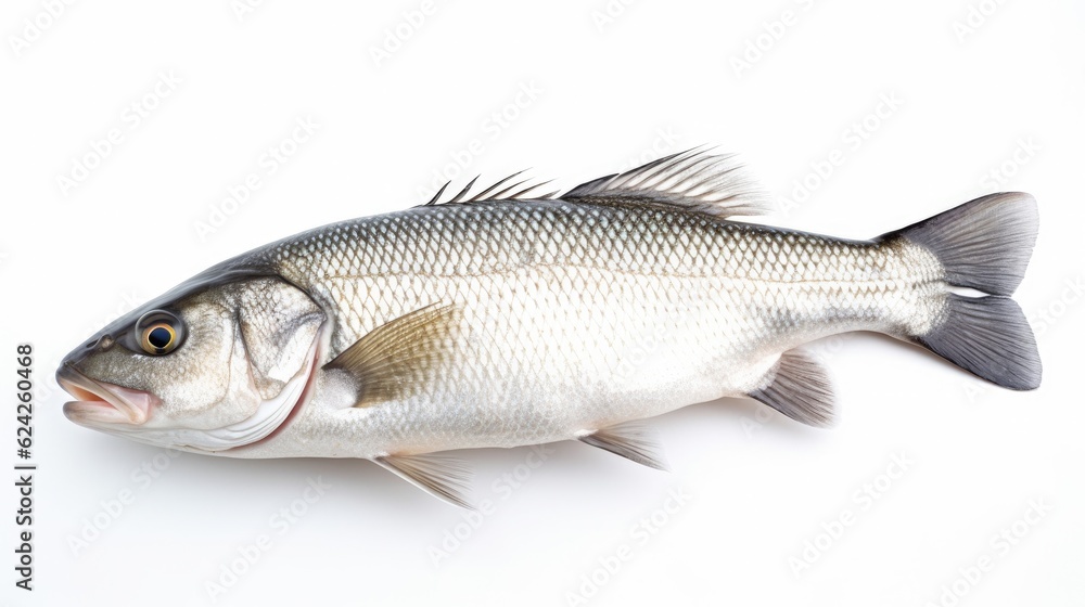 A fresh sea bass fish isolated on white background. Sea bass fish. Generative Ai