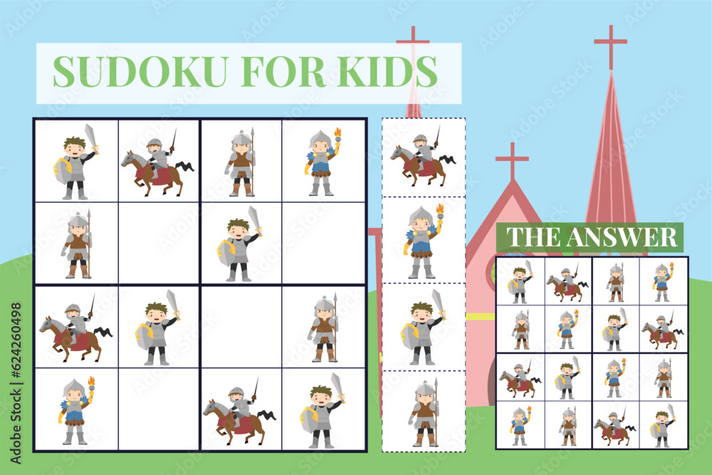 Sudoku game easy level for kids with fairytale kingdom theme. Education worksheet for children. Printable puzzle game for preschool. Medieval kingdom theme. Vector file. Sudoku game easy level for kids with fairytale kingdom theme. Education worksheet for children. Printable puzzle game for preschool. Medieval kingdom theme. Vector file.