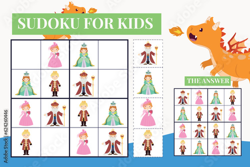 Sudoku game easy level for kids with fairytale kingdom theme. Education worksheet for children. Printable puzzle game for preschool.  Medieval kingdom theme. Vector file.