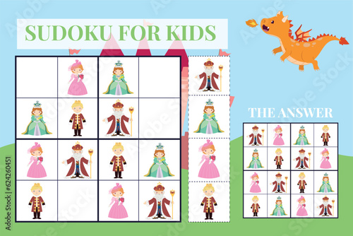 Sudoku game easy level for kids with fairytale kingdom theme. Education worksheet for children. Printable puzzle game for preschool.  Medieval kingdom theme. Vector file.