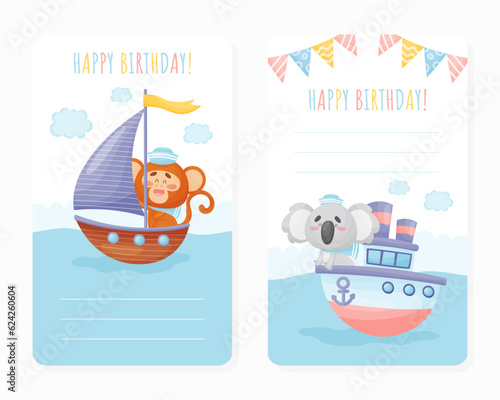 Happy Birthday Card with Cute Cartoon Animal on Boat Vector Template