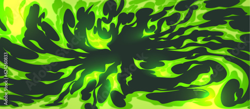Abstract neon green liquid splash on black background. Vector cartoon illustration of toxic poisonous substance spill, space blast, nuclear explosion, witchcraft spell energy, sticky slime splatter