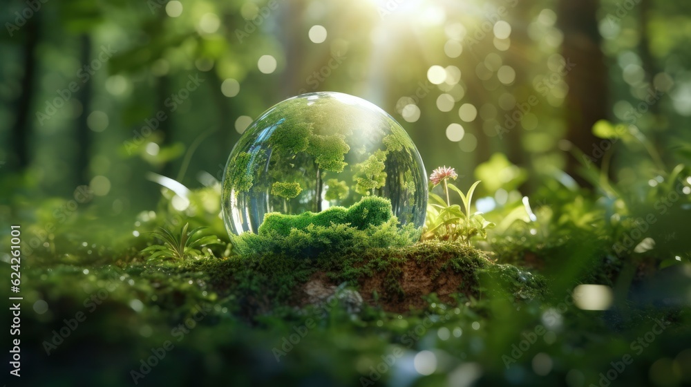 Transparent crystal sphere in a green forest filled with sunlight. Grass and trees are reflected in the glass globe. Protection of water resources concept. Environmental care. Earth Day. 3D rendering. Transparent crystal sphere in a green forest filled with sunlight. Grass and trees are reflected in the glass globe. Protection of water resources concept. Environmental care. Earth Day. 3D rendering.