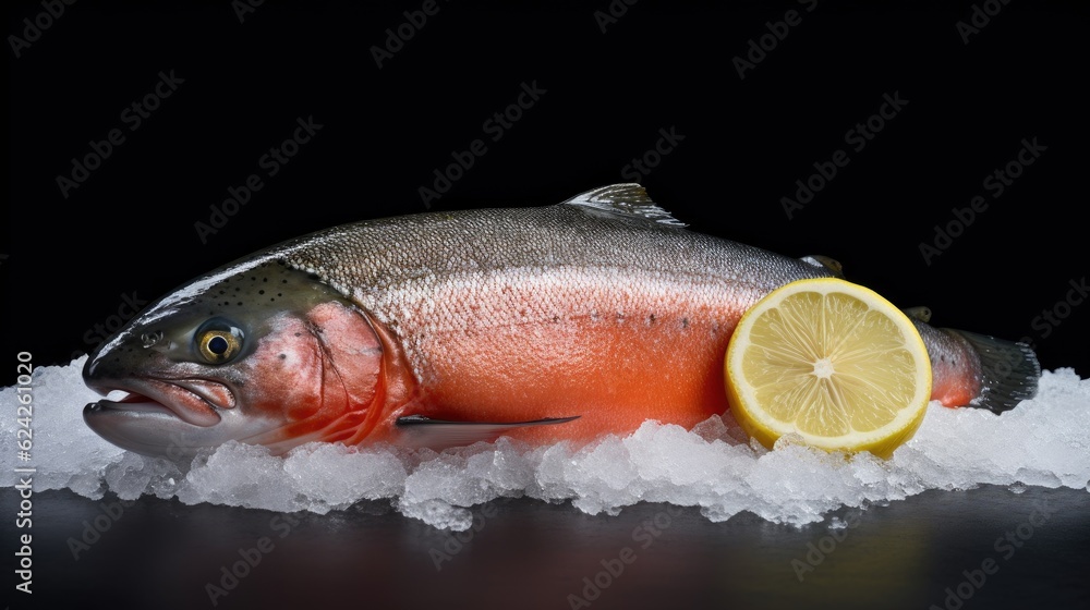 Fresh Salmon fish with lemon on ice. Salmon fish. Generative Ai Fresh Salmon fish with lemon on ice. Salmon fish. Generative Ai