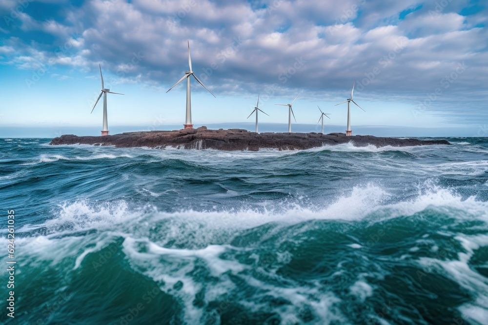 Obraz premium Offshore wind farm on a small rocky island in the middle of a stormy north sea. Beautiful seascape with the wind generators. Sustainable green energy concept. 3D rendering.