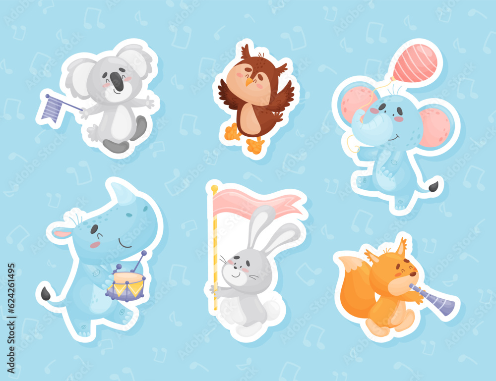 Cute Animal Parade with Flag and Balloon Vector Sticker Set Cute Animal Parade with Flag and Balloon Vector Sticker Set