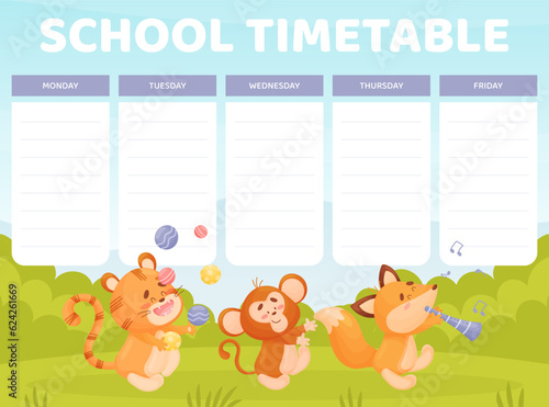 School Timetable with Cute Animal Parade Vector Template