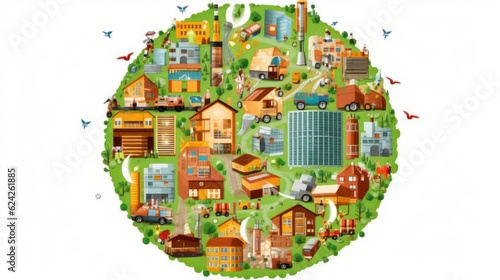 Illustration of human habitat, symbolizing the circular nature of economic development. Habitation, industry, agriculture, science, transportation, recycling. Mockup, isolated on white background.