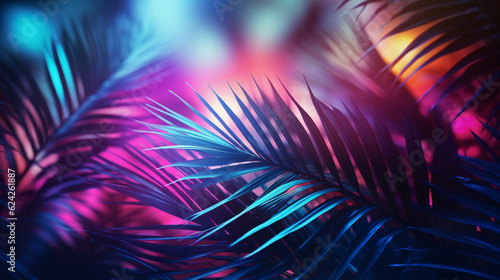 Tropical coconut palm leaves in colorful vibrant bold gradient holographic neon colors