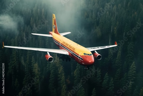 Rescue firefighting DC-10 aircraft extinguish a forest fire by dumping water on a burning coniferous forest. Saving forests, fighting forest fires. Bird's-eye view, pine forest backdrop. 3D rendering.