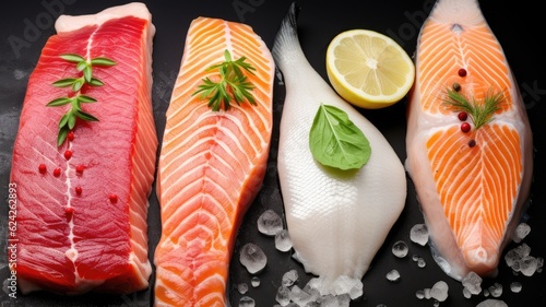 Seafood, Set of Food collage, various fresh fillet fish, white fish pangasius, salmon red fish, trout fish steak with ice and spices. Generative Ai