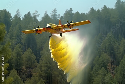 Rescue firefighting aircraft extinguish a forest fire by dumping water on a burning coniferous forest. Saving forests, fighting forest fires. Bird's-eye view, pine forest backdrop. 3D rendering.