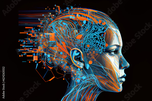 Realistic Artificial intelligence. Computer mind connections head. Human head with circuit board inside. Engineering 3D concept. Technology web background. Virtual concept