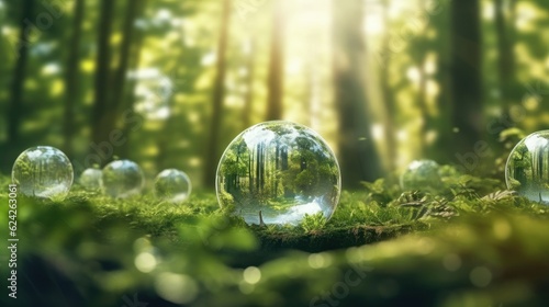 Transparent crystal sphere in a green forest filled with sunlight. Grass and trees are reflected in the glass globe. Protection of water resources concept. Environmental care. Earth Day. 3D rendering.