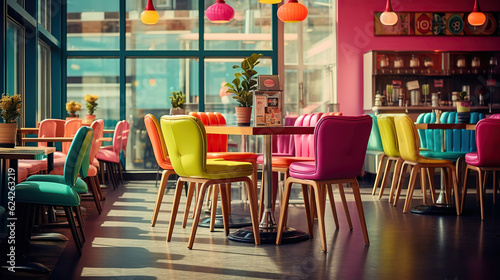 A Retro-Themed Cafe adorned with Vibrant Colors and a Unique Assortment of Supporting Accessories