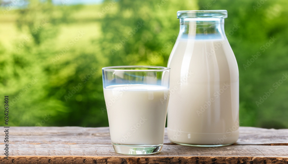 Fresh organic milk in glass and bottle on rustic wooden table on nature background. Vegetable milk, vegan milk, Kefir, or Turkish Ayran drink for helthy eating. Space for text Fresh organic milk in glass and bottle on rustic wooden table on nature background. Vegetable milk, vegan milk, Kefir, or Turkish Ayran drink for helthy eating. Space for text