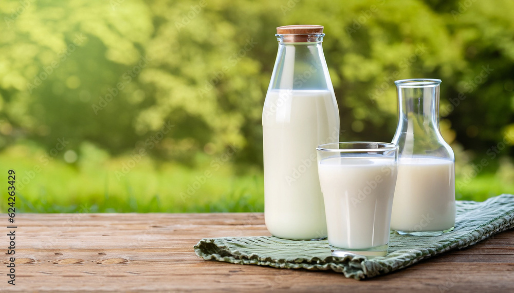 Fresh organic milk in glass and bottle on rustic wooden table on nature background. Vegetable milk, vegan milk, Kefir, or Turkish Ayran drink for helthy eating. Space for text Fresh organic milk in glass and bottle on rustic wooden table on nature background. Vegetable milk, vegan milk, Kefir, or Turkish Ayran drink for helthy eating. Space for text